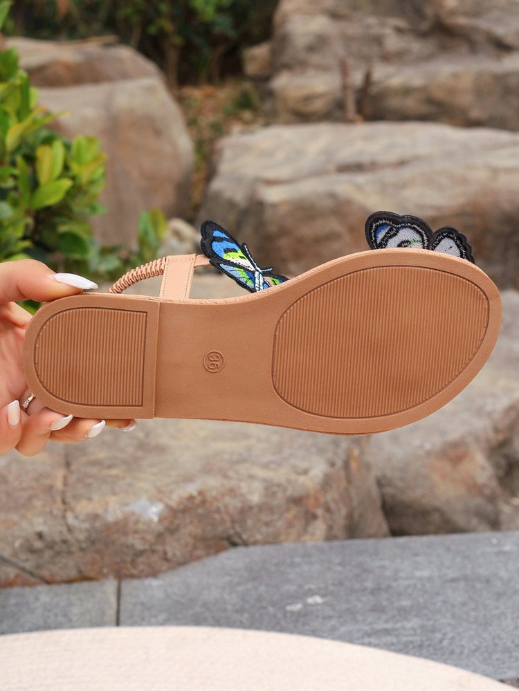 Famous ethnic style toe flat for women with butterfly decoration and elastic band beach sandals_voghion.com
