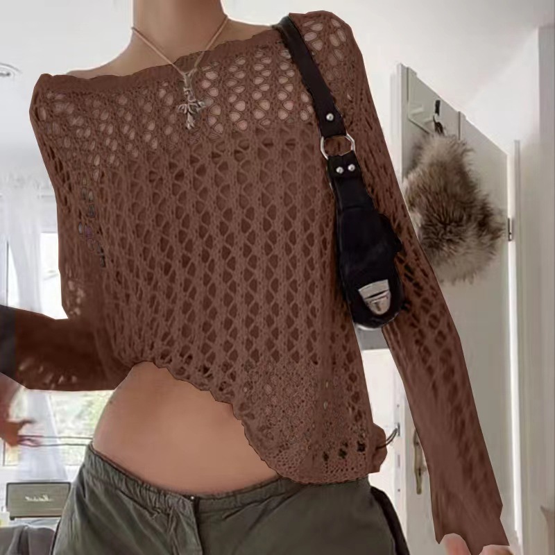 Damenmode einfarbiges, lockeres, perspektivisches Gitter-Langarm-Top_voghion.com
