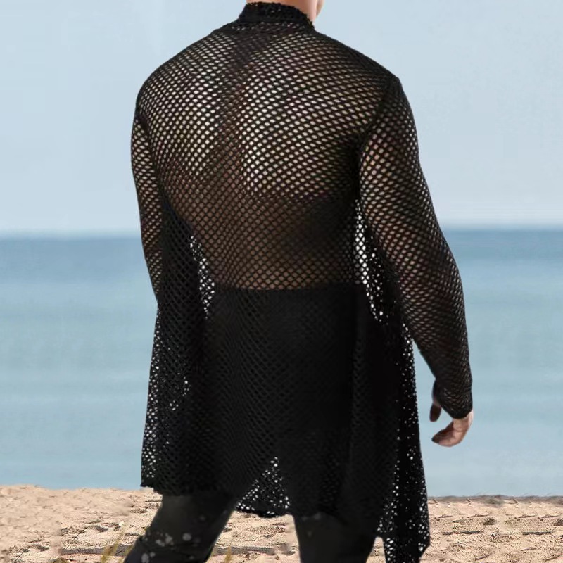 Herren-Übergröße, Schalkragen, Cut-Out, lange Strickjacke, Netzstoff, durchsichtig, Langarmshirt_voghion.com