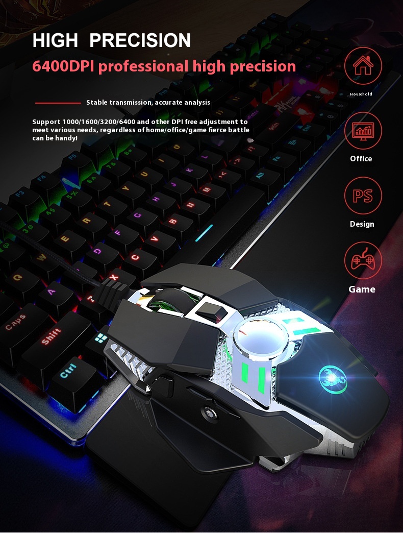 Mechanisches Hühnerfressspiel, 7-Tasten-programmierbare kabelgebundene Maus, coole Beleuchtung, automatische Pistolendrückfunktion für Desktop-Laptop_voghion.com