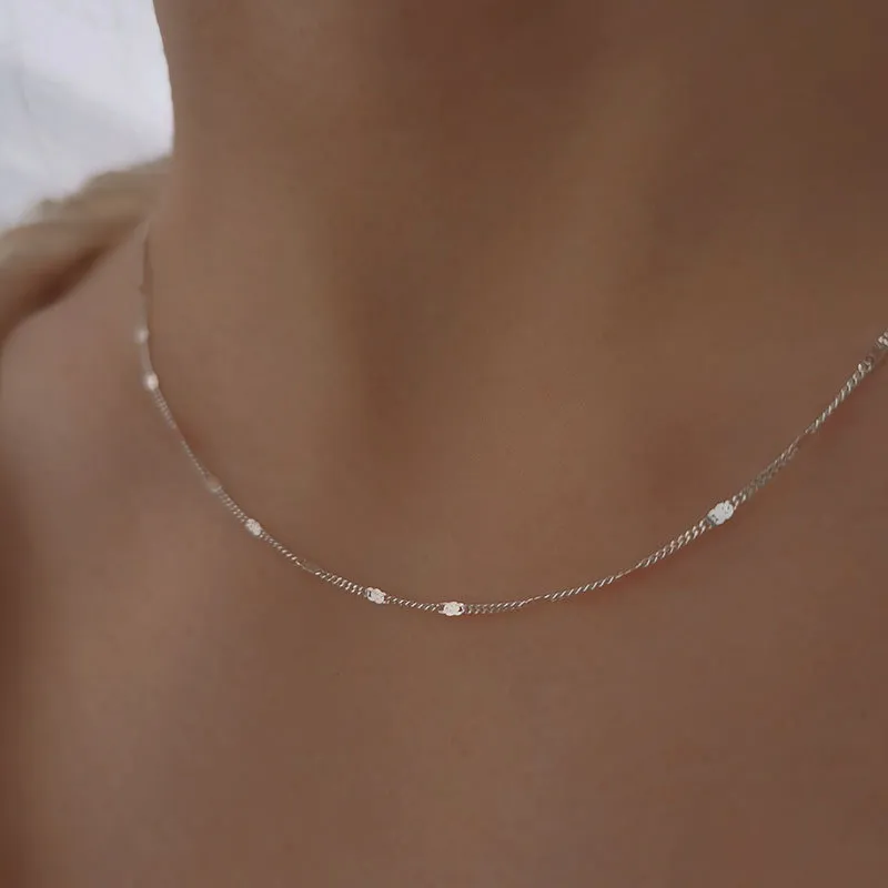 Chains S Sterling Sier Sparkling Sequin Necklace Simple And Versatile Japanese Korean Minimalist Short Plain Chain_voghion.com