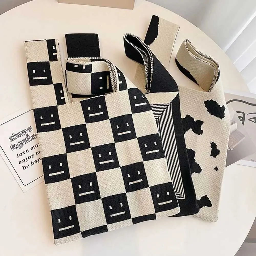 Leisure colored plain weave hand knitted tote reusable shopping bag Y241106_voghion.com