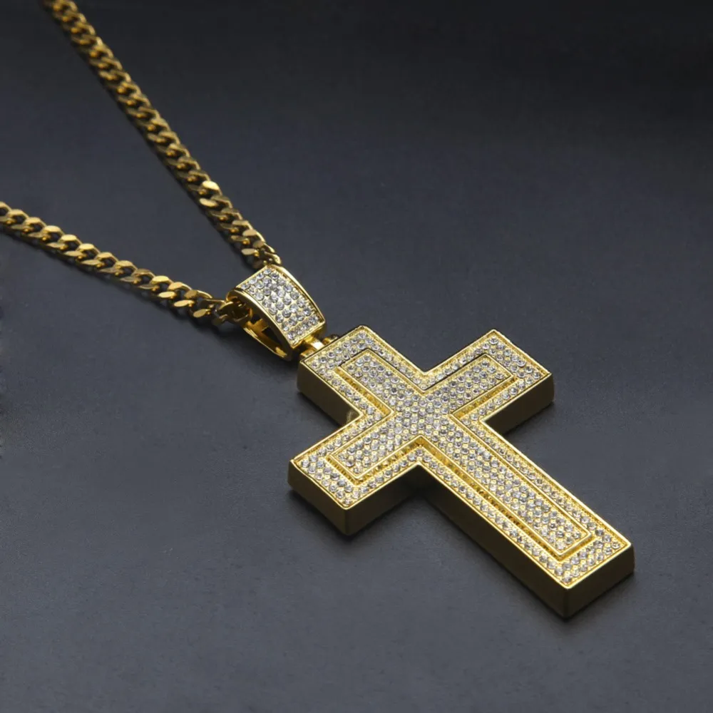 Gold Cross Pendant Necklace With Cuban Link Chain For Men_voghion.com
