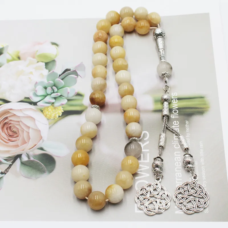 Ketten 33 reine natürliche 12mm alte gelbe Jade Muslimische Perlen Armband Islamisches Chanting Tasbeeh Tasbih_voghion.com