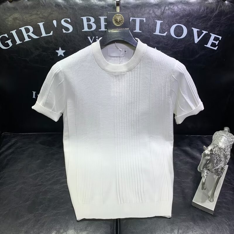 Herrenbekleidung Modemarke Ice Silk Kurzarm-T-Shirt Herren Sommer dünnes, schlankes Rundhals-Strickhemd mit All-Match-Casual-Tops_voghion.com