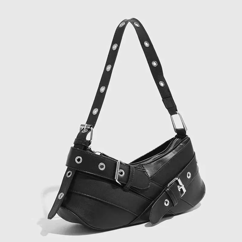 Retro belt decoration shoulder designer armrest punk motorcycle bag Pu leather womens handbag Y241216_voghion.com