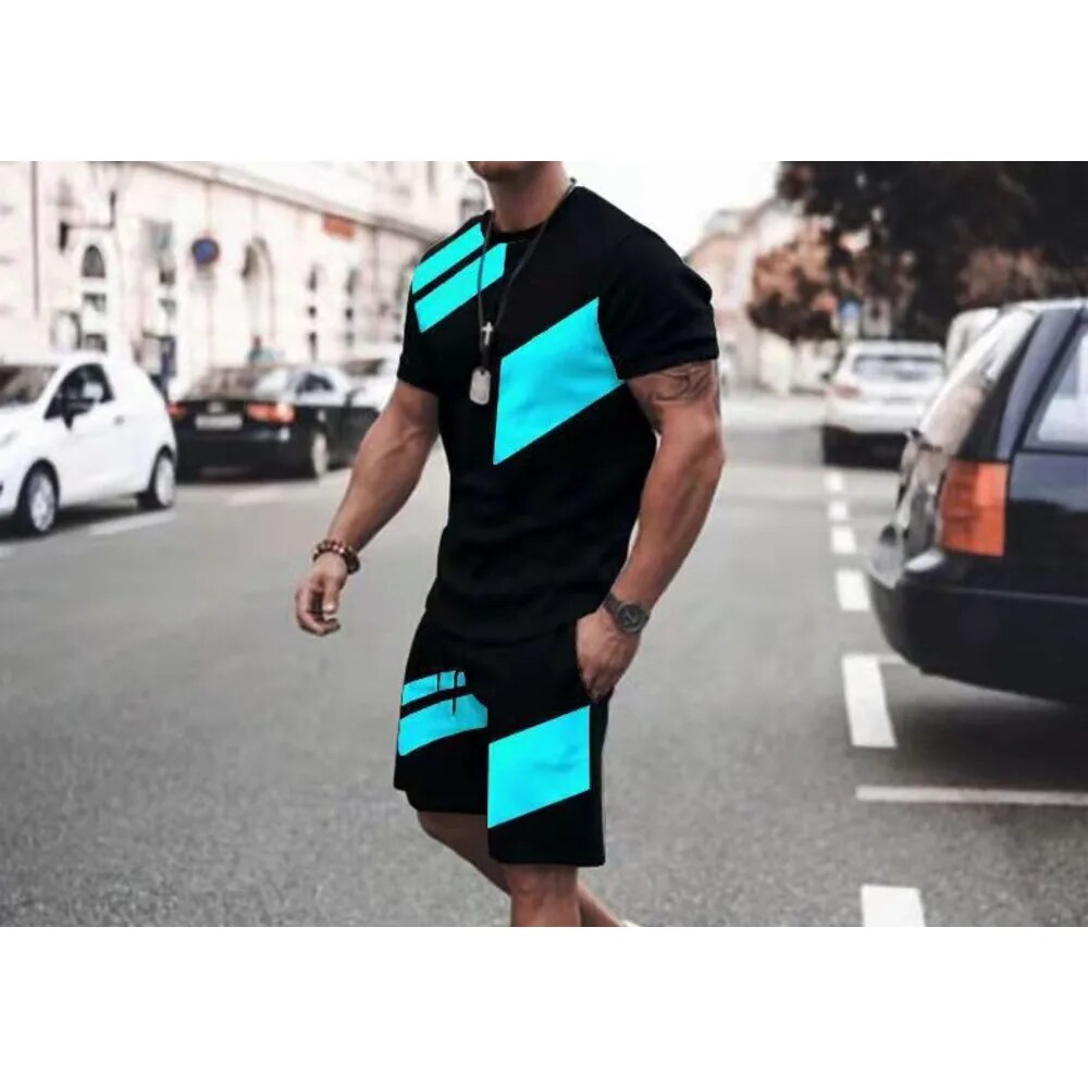 Herren 3D Kurzarm Set Sommer Fitness Sport Trend Locker Mode Lässig Rundhals T-Shirt_voghion.com