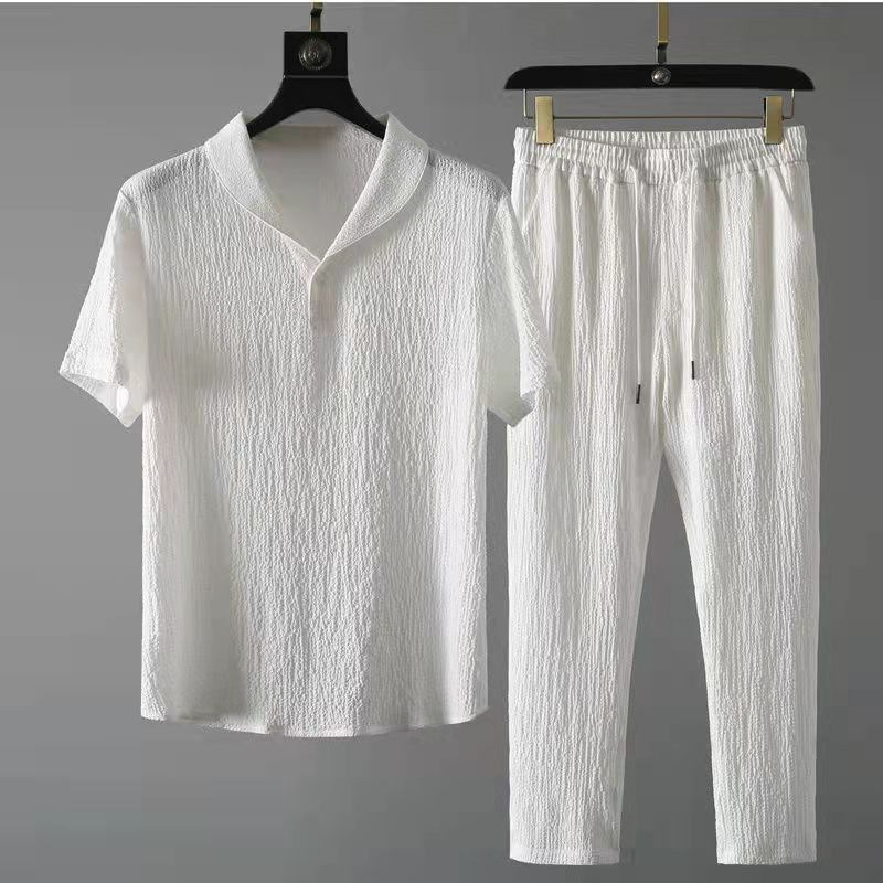 Men's Solid Color Casual Suit Thin Fashion Short-Sleeved T-Shirt Suit Trendy Light Luxury Pants_viptrois.com
