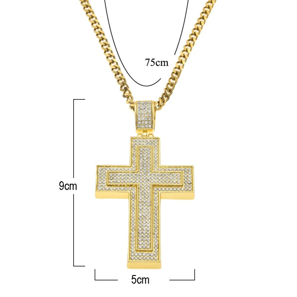 Gold Cross Pendant Necklace With Cuban Link Chain For Men_voghion.com