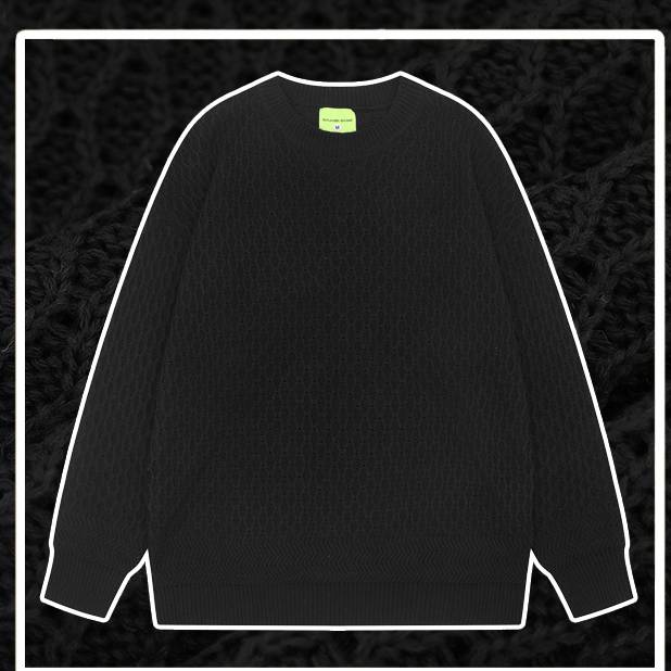 Honeycomb Knit Sweater, Oversized Round-Neck Pullover, Minimalist Winter Essential In Beige & Black​_voghion.com