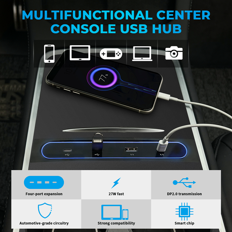 Para Tesla Model 3 Y 2021 2022 27W Cargador rápido Hub de derivación USB Estación de acoplamiento inteligente Adaptador de automóvil Extensión divisora alimentada_voghion.com