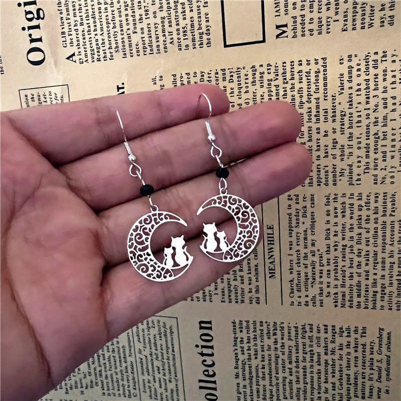 Orecchini in argento luna gattino ciondolo luna gatto orecchini da donna semplici orecchini temperamento personalità mezzaluna cava_voghion.com