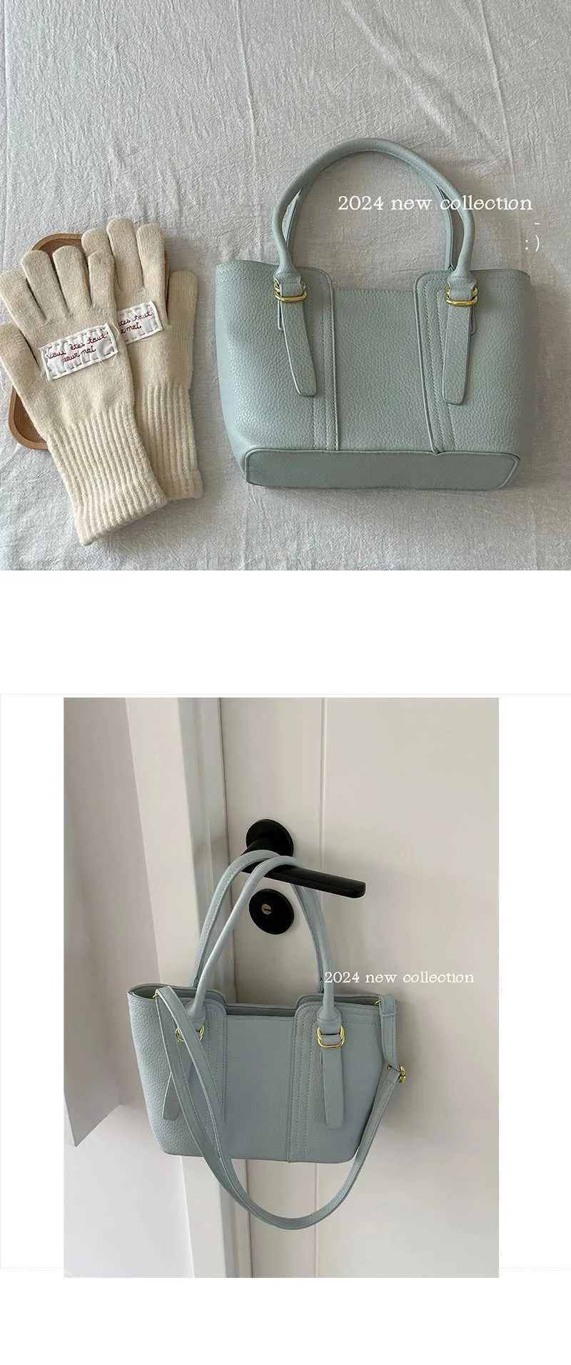 Teksturowane torebki damskie Solidne miękkie skórzane torby typu bucket Duża pojemność Damska torba crossbody do pracy Letnia mięta_voghion.com