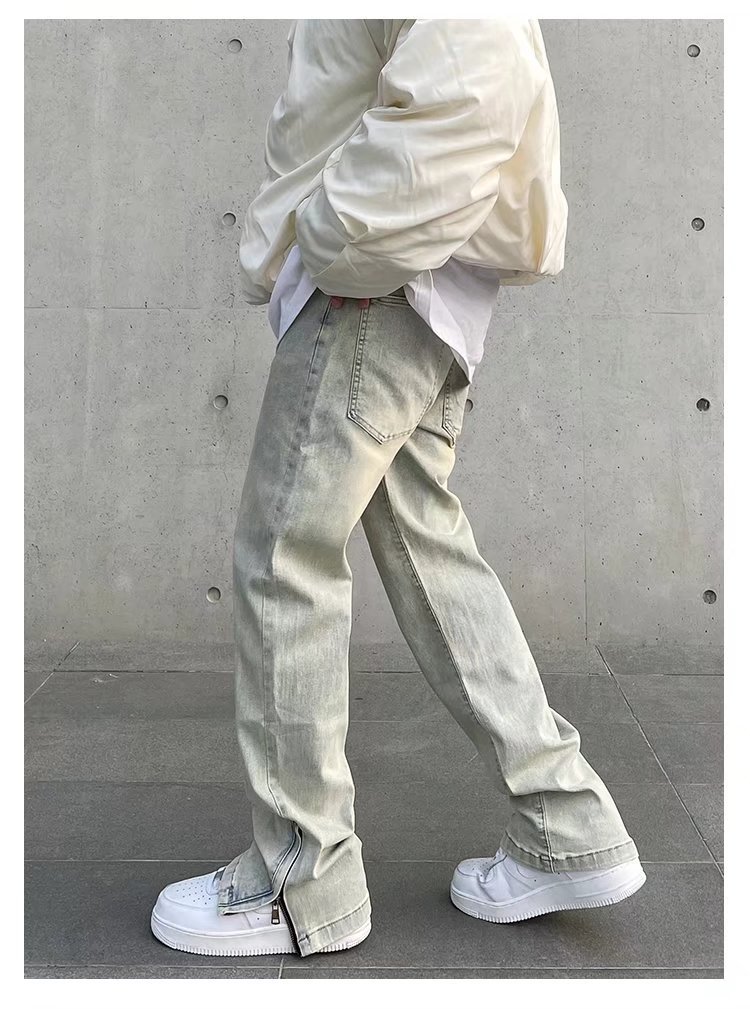 New High Street Washed Used Yellow Mud Dyeing Zipper Split Jeans Men's Straight Tube Casual Micro Pull Pants Trendy_voghion.com