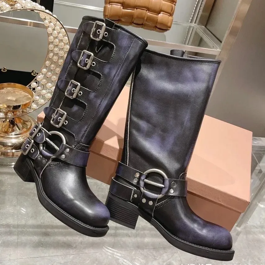 Leder Dicke Ferse Kappe Zehe Knie Bootie Gürtel Schnalle Rindsleder Slip-On Motorrad Frauen Outdoor Schuh Deigner Kampf_voghion.com