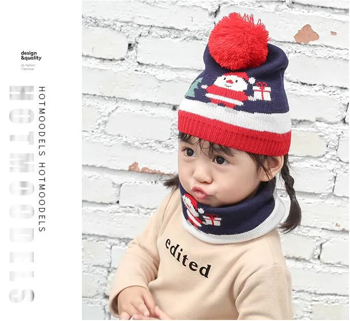 Presente de Natal Quente Gorro Chapéu Conjunto de Duas Peças Bebê Menino e Menina Crianças Quentes Malha Chapéu de Inverno Cachecol de Pescoço para 1-5 Anos_voghion.com