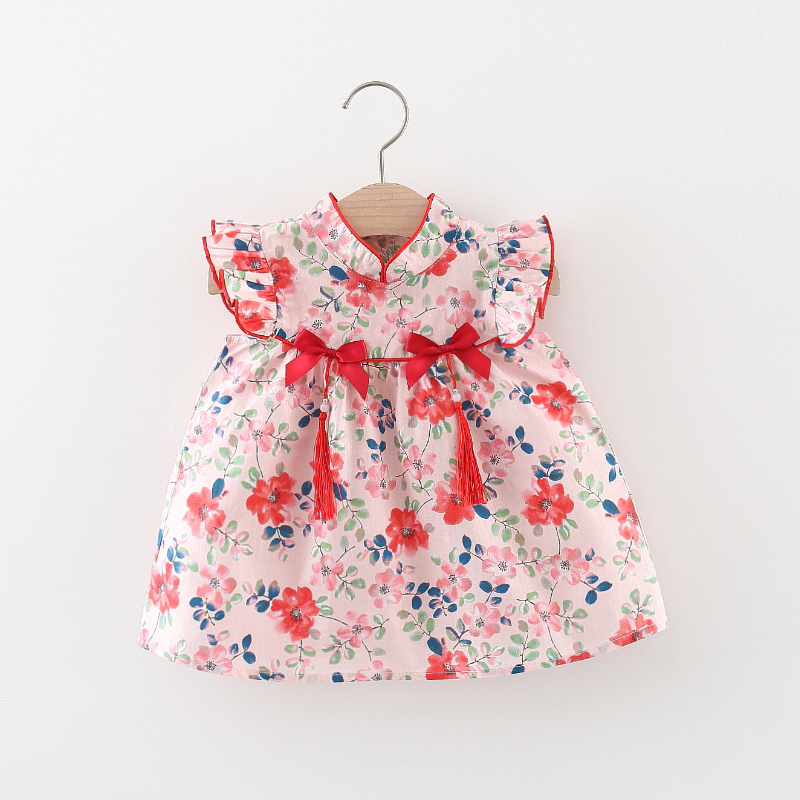Baby Girl Clothes Summer Traditional Chinese Style Cheongsam Bowtie Pendant Dress