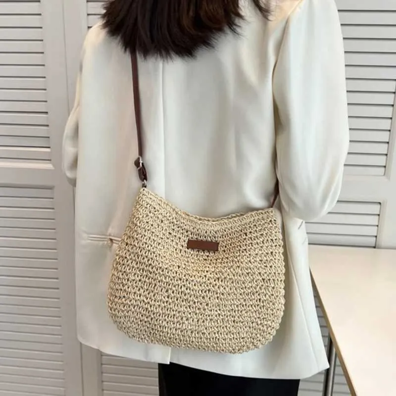 Sac à bandoulière tissé en paille pour l'été, sac à main de grande capacité pour les vacances à la plage, le shopping, les messages_voghion.com