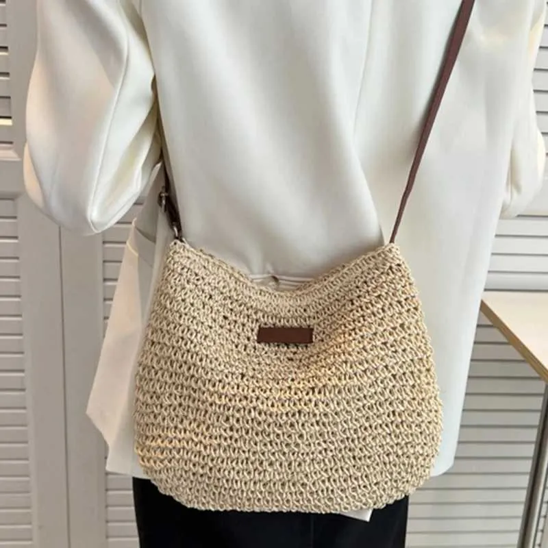 Sac à bandoulière tissé en paille pour l'été, sac à main de grande capacité pour les vacances à la plage, le shopping, les messages_voghion.com