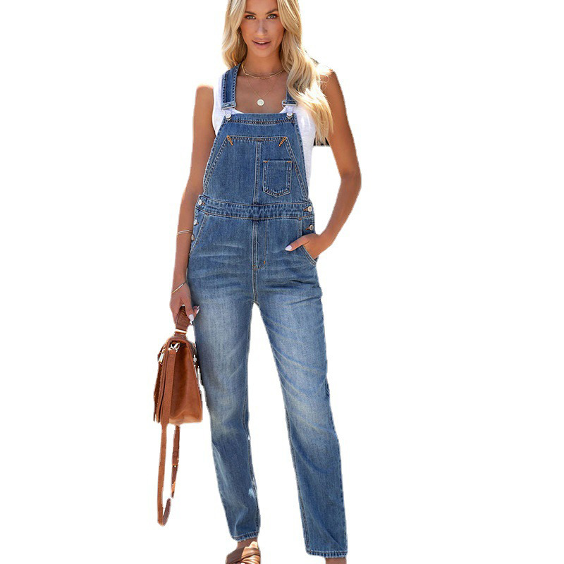 Processed customized suspender jeans for women temperament commuting fashion washed denim overalls_voghion.com
