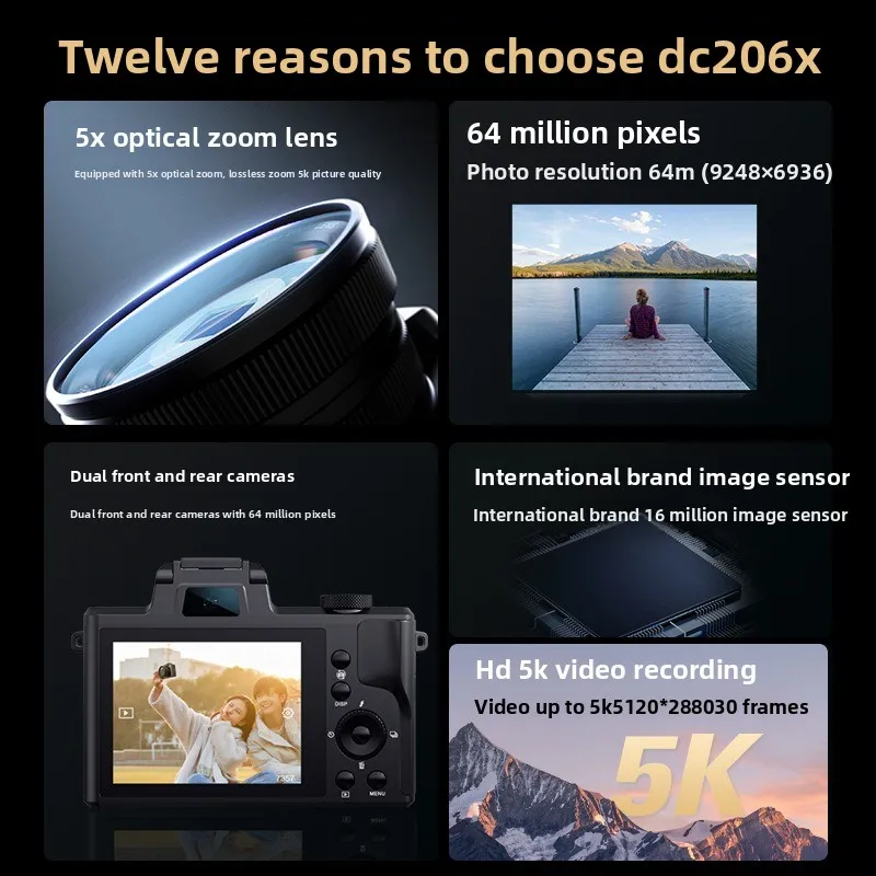 Cyfrowy aparat fotograficzny 5K HD – 5-krotny zoom optyczny, podwójny przód i tył, bezlusterkowiec, idealny dla studentów i do selfie_voghion.com