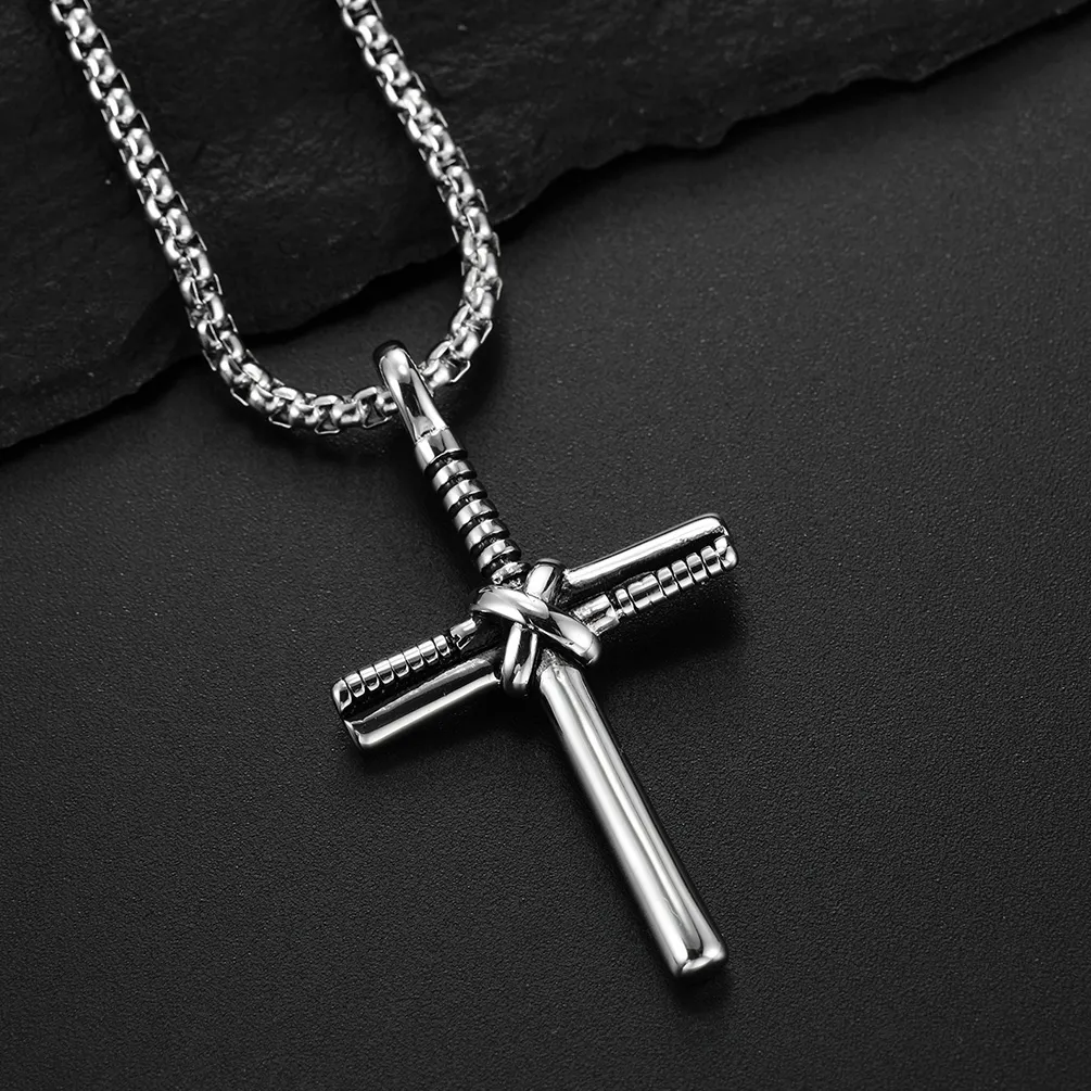 Ketten Herren Kreuz Halskette Edelstahl Baseballschläger Anhänger Box Kette Christen Männlich Religiöser Schmuck Geschenk_voghion.com