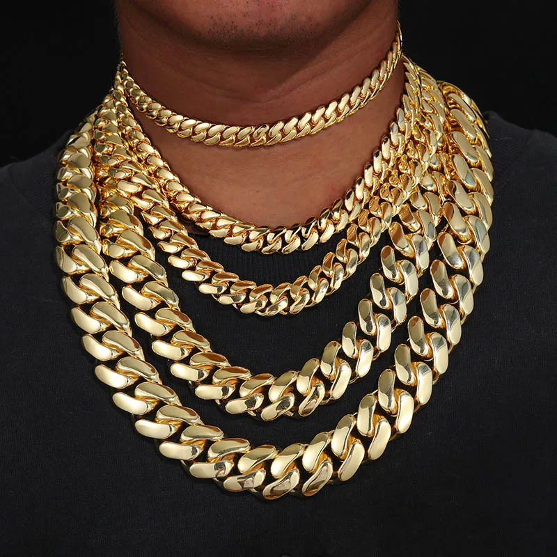 Hip Hop Miami Cuban Link Chain Halsketten Top Qualität Kupfer Echt Vergoldet Mikro Einsätze Sauber Diamant Verschluss Bling_voghion.com