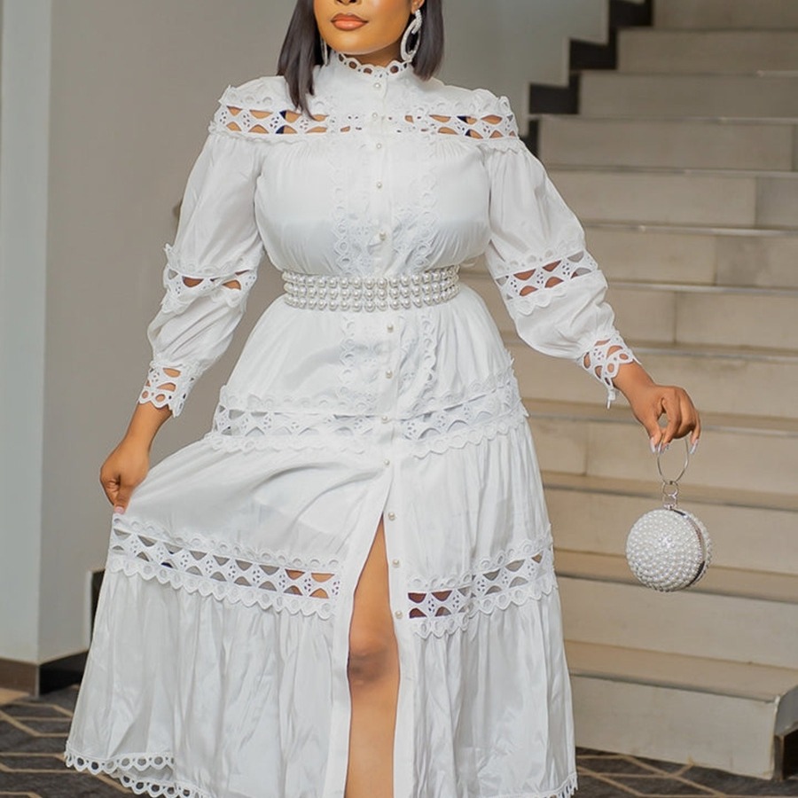 Women's Clothing women's retro hollow lace splicing solid color round neck loose large size long dress