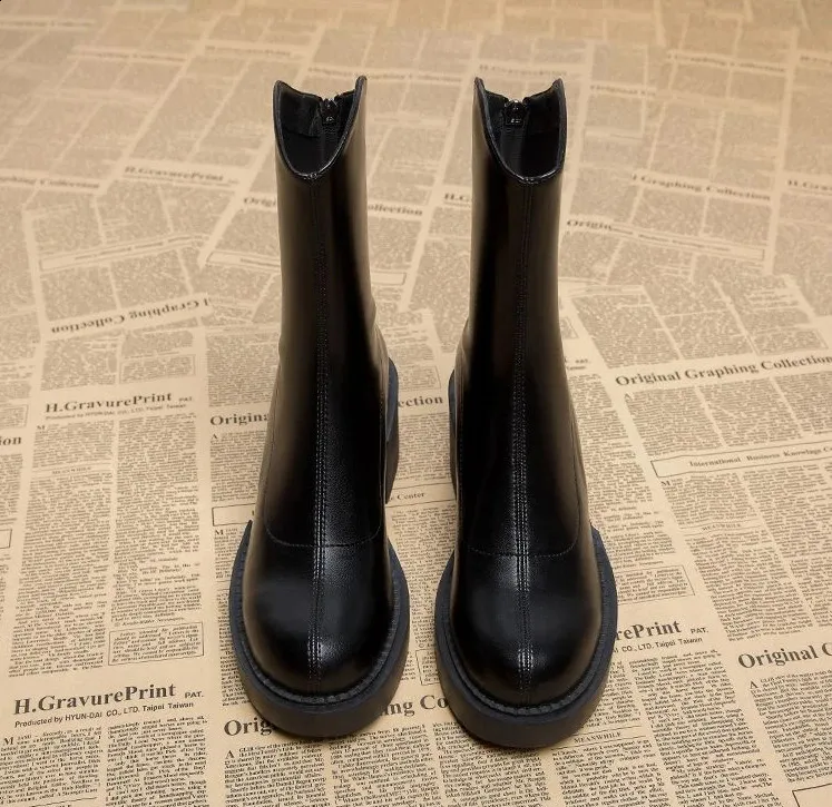 High ankle work very high heels brown short and chubby platform womens waterproof boots black Pu 240911_voghion.com