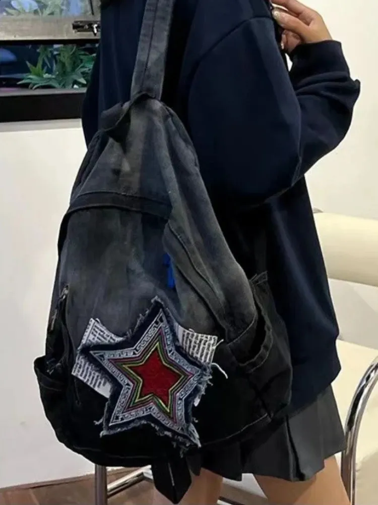 Denim Star Backpack Women Vintage Blue Gradient School Bag Large_voghion.com