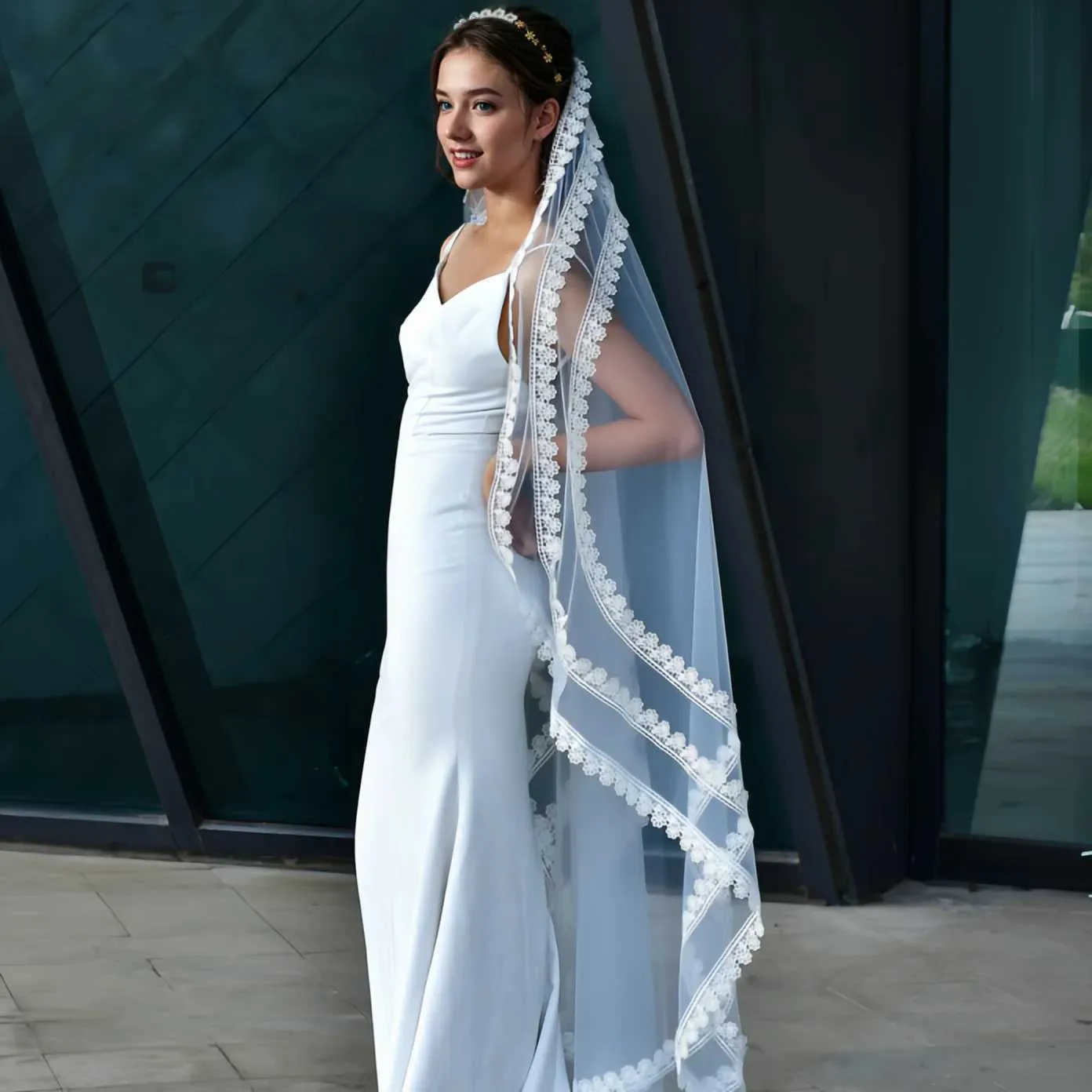 Hair Jewelry MZA91 Short Veil Edge Veils Wedding Bridal Accessories Thin Scallop Lace Trim Soft Tulle With Comb_voghion.com