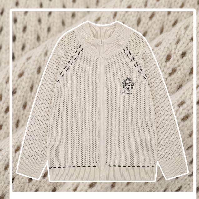 ​​Retro Embroidered Baseball Jacket, Open-Knit Drop Shoulder Zip-Up Cardigan In Beige & Black – Unisex Vintage Streetwear​​_voghion.com
