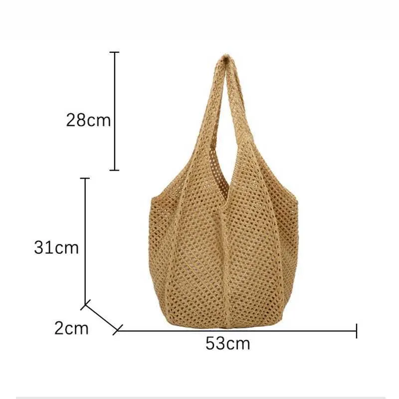 Womens crochet handbag mesh beach large capacity fashionable knitted shoulder solid color simple shopping bag Y241011_voghion.com