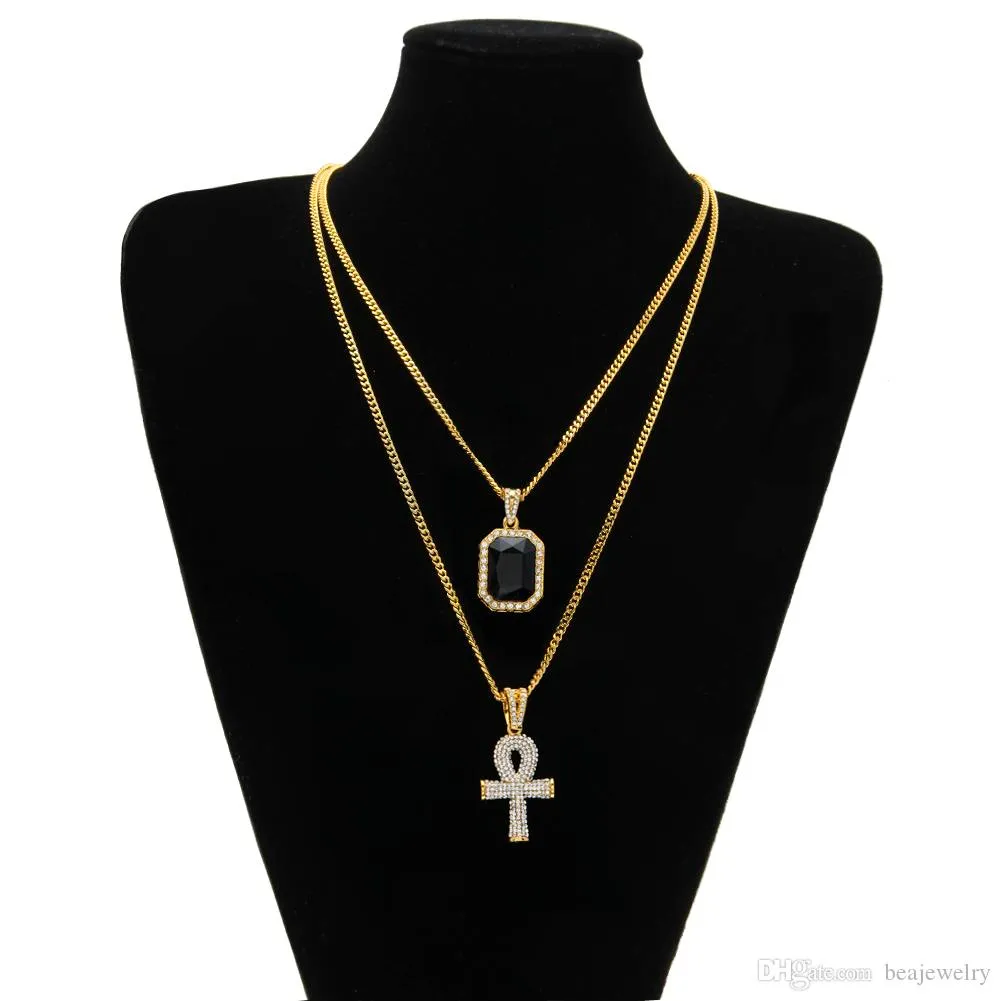 Neue Mode Ägyptischen Ankh Schlüssel des Lebens Bling Strass Kreuz mit Rot Rubin Anhänger Halskette Set Männer Hip Hop Schmuck Geschenk_voghion.com