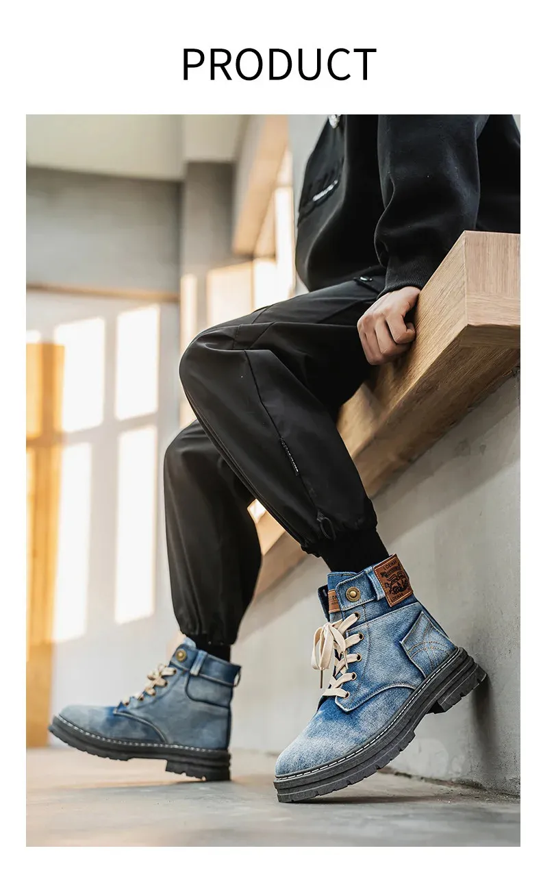 Denim Mid Top Casual Boots For Men Breathable Height Increasing_voghion.com