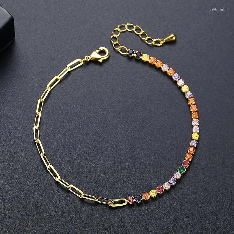 Link Armbanden Tennis Armband Voor Vrouwen Veelkleurige Regenboog CZ Kleurrijke Kubieke Zirkoon Paperclip Valentijnsdag Cadeau_voghion.com