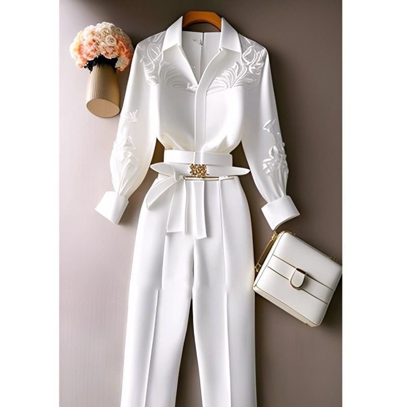 Women's clothing new capable temperament goddess style professional white shirt and pants two piece suit_voghion.com