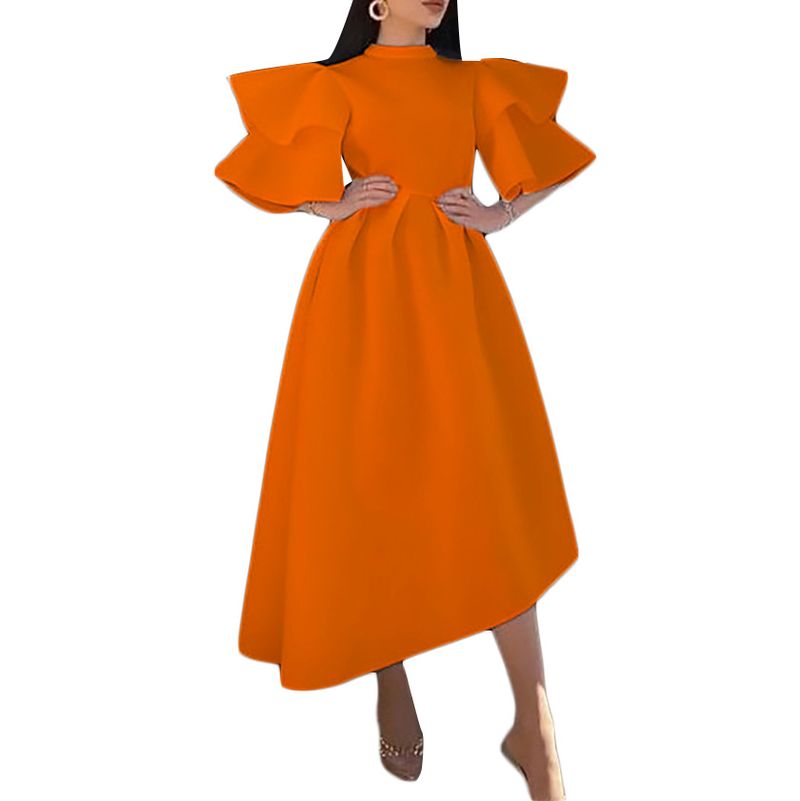 Damen Sommer neues doppellagiges Kleid mit Lotusblattärmeln, einfarbig, unregelmäßigem Rock_voghion.com