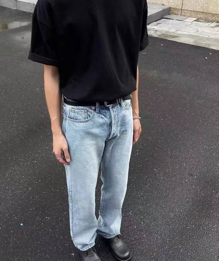 Vintage Washed Straight Jeans Herren Damen Hellblaue Distressed Denim_voghion.com