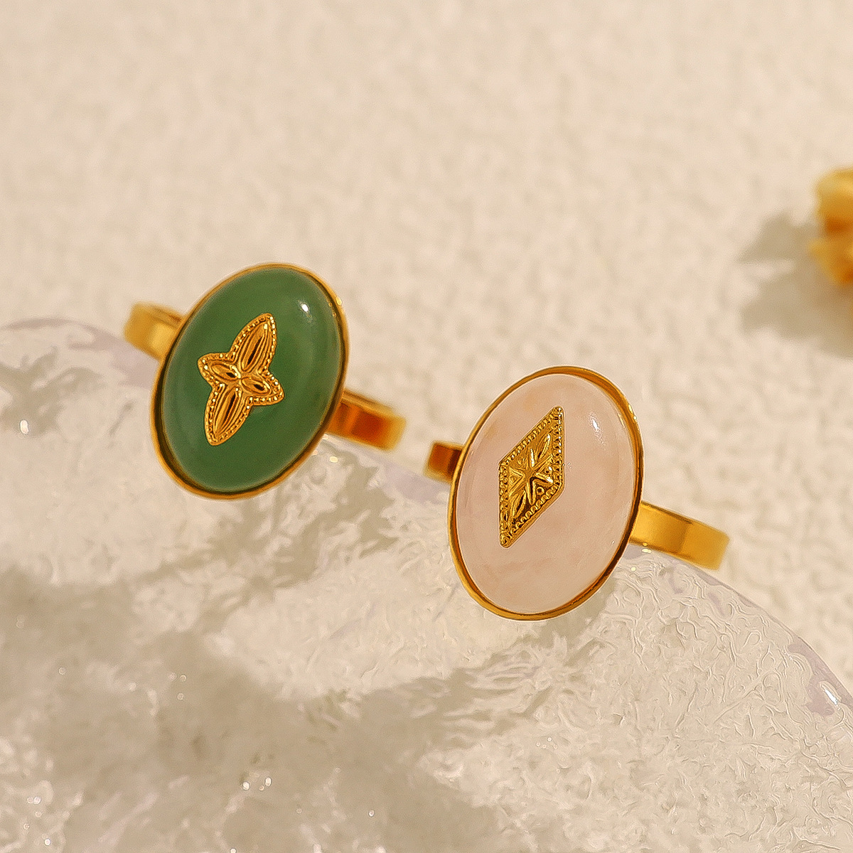 K Gold Plated Natural Stone Titanium Steel Ring Female Ins Simple Style Geometric Star Diamond Open Ring