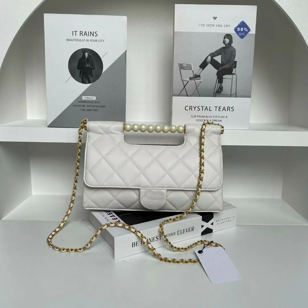 Top Designer Handtaschen mit Perlengriff, echtes Dia-Muster, weiches Leder, Clutch, goldfarbene Hardware, Hasp-Kette, Umhängetaschen_voghion.com