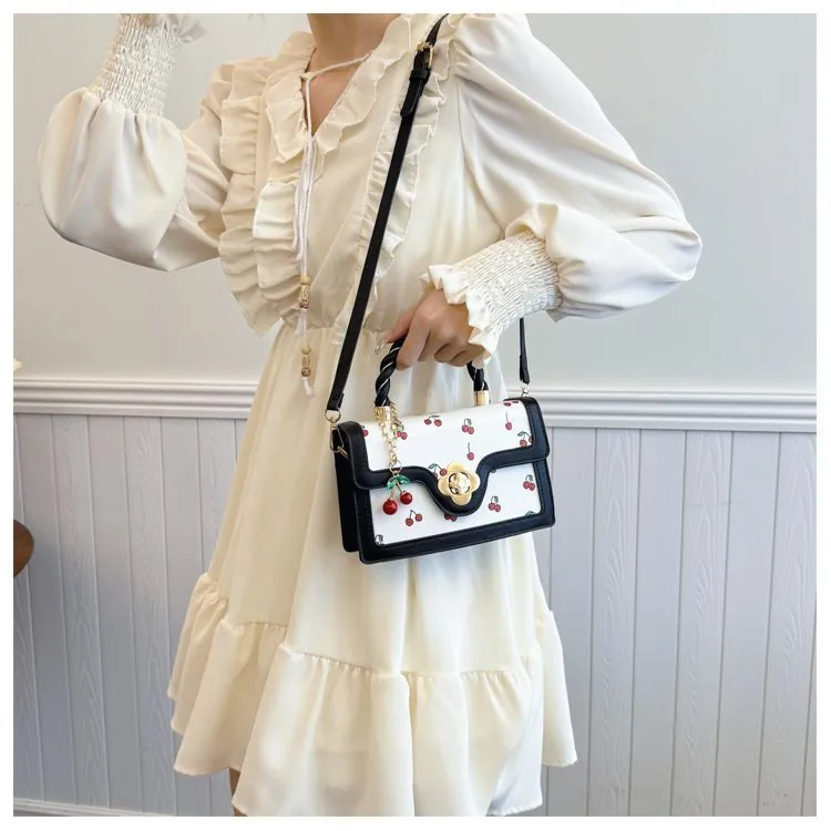 Borsa a tracolla alla moda - Piccola borsa quadrata con stampa di ciliegie e fresco contrasto di colori, leggera per l'uso quotidiano_voghion.com