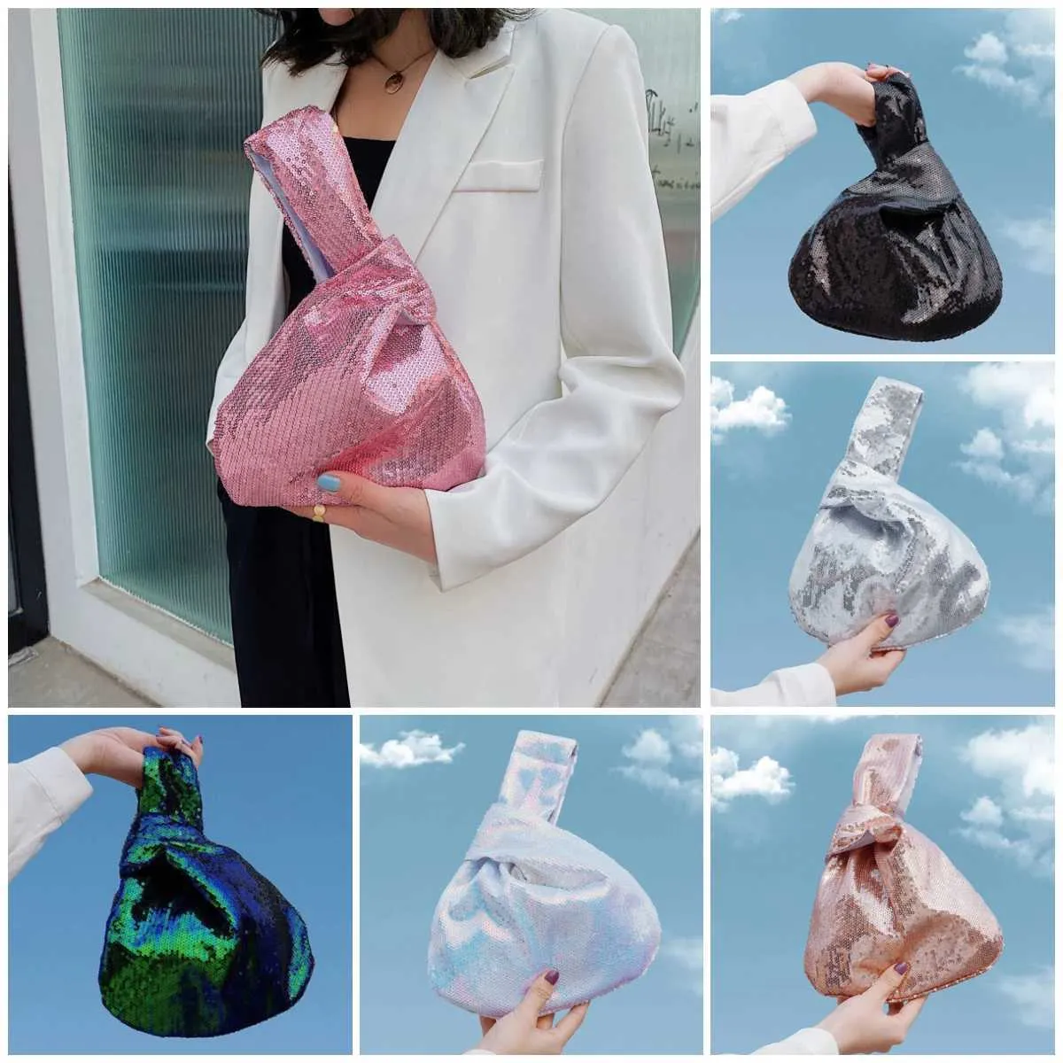 Portafoglio da donna alla moda con glitter scintillanti e chiusura a scatto, piccolo flash da polso con nodo, tasca, borsa firmata 2023 Y241106_voghion.com