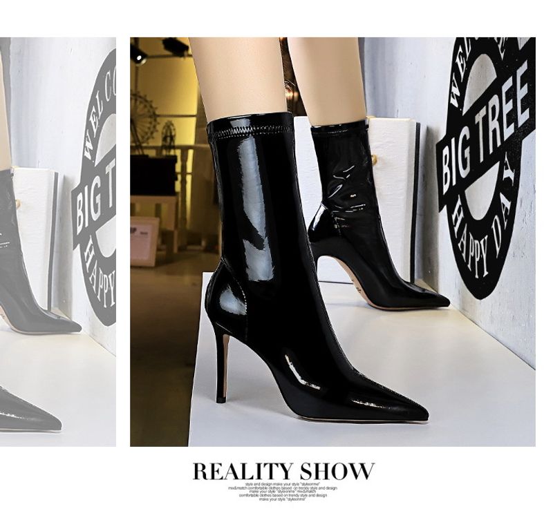 315 13 Fashion Sexy Nightclub Shiny Lacquer Leather Elastic Show Thin Pointed Short Winter Slim Boots_voghion.com