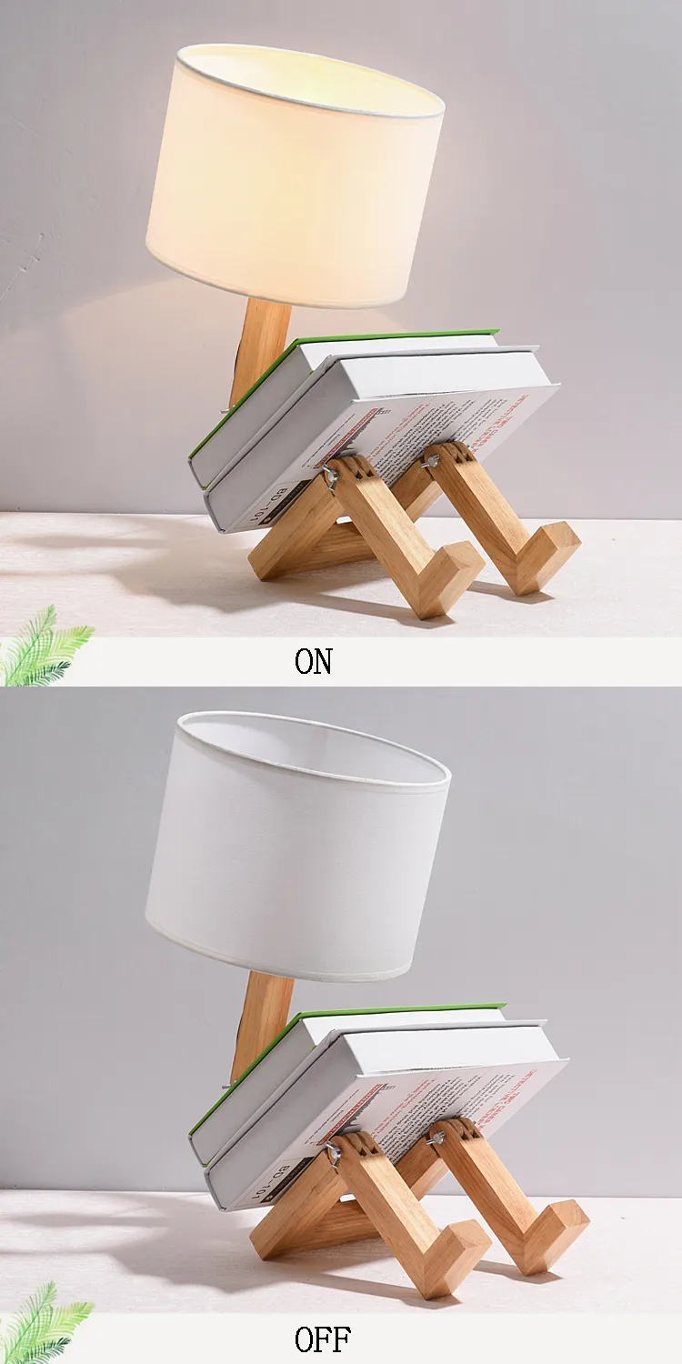 Lampada da tavolo robot di design - Lampada da notte moderna in legno e tessuto_voghion.com