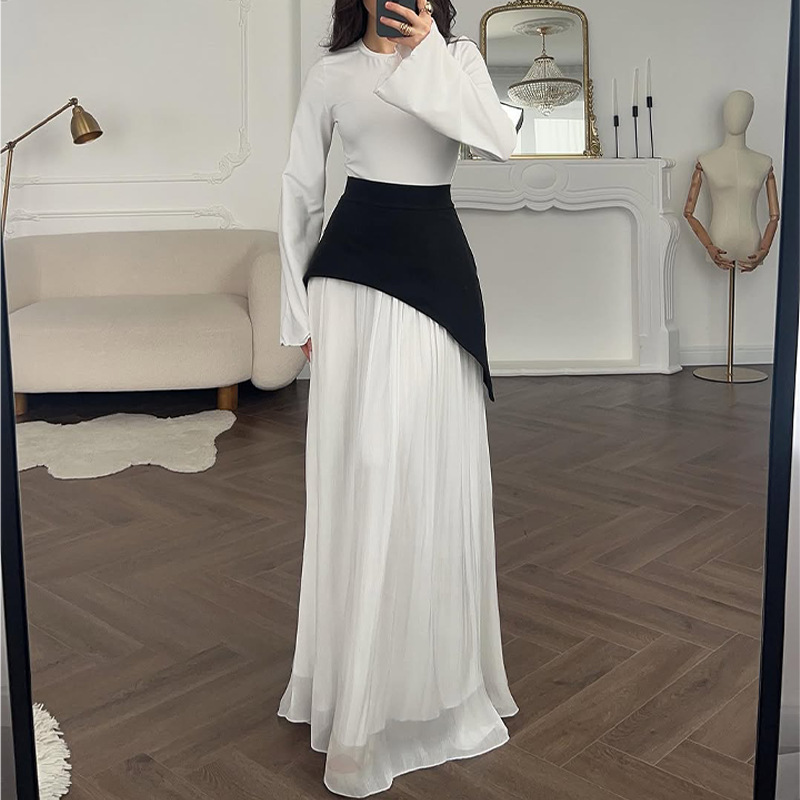 Women's Clothing New Solid Color Long Sleeve Round Neck Splicing Slim Hip Dress