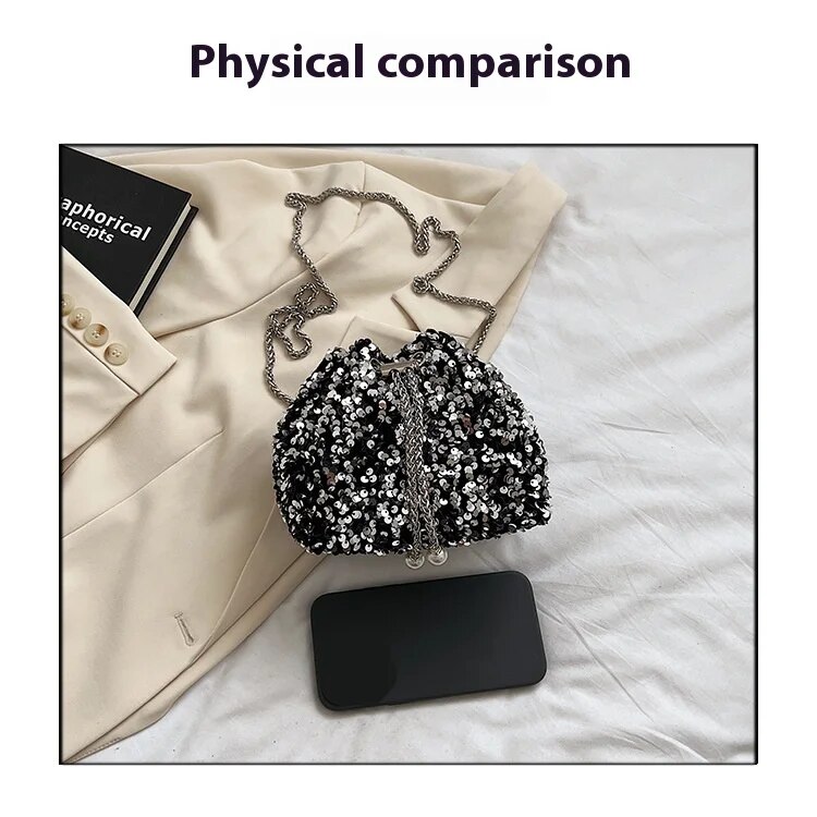 Fashionable and Personalized Sequin Bag for Women in 2024 New Korean Version Bucket Bag Stylish Shoulder Bag Trendy Crossbody Dinner Bag_voghion.com