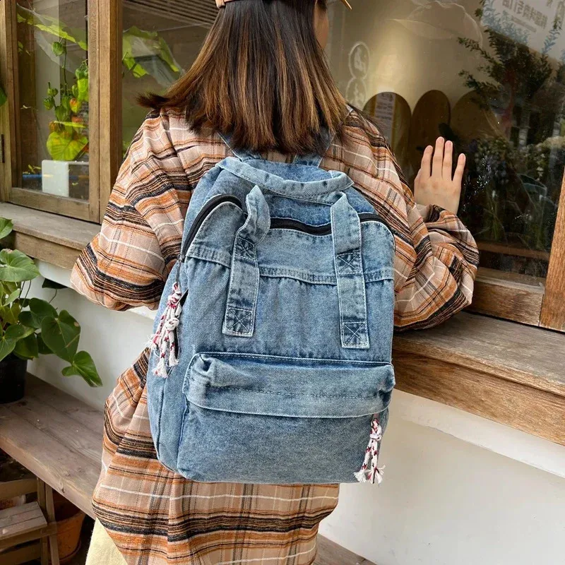 Retro Denim Womens Backpack Canvas Shoulders Bag College Knapsack Big Packbag Travel Rucksack Student Jeans Mochila Y2K_voghion.com