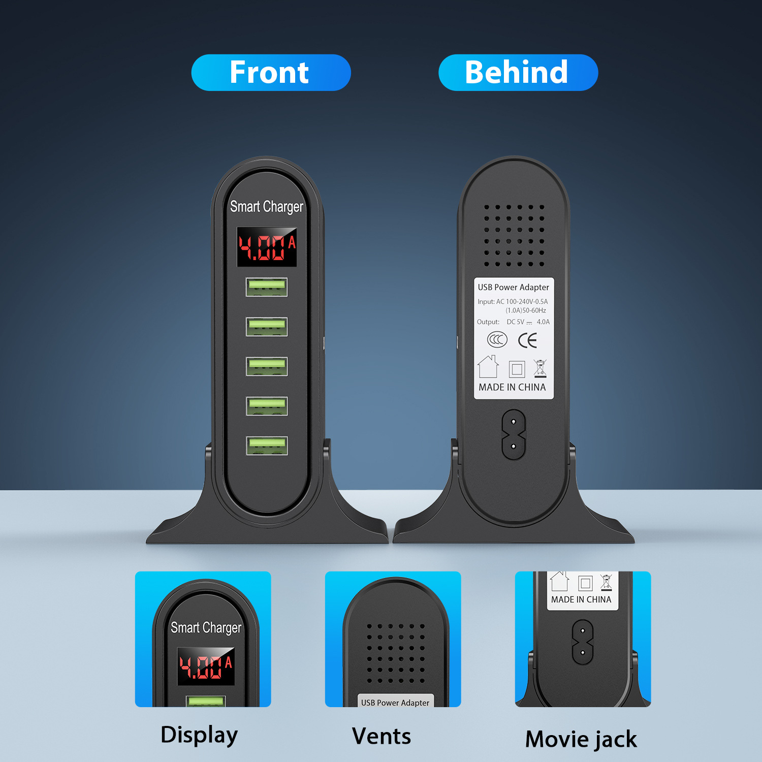 Cargador USB multipuerto de 5 V y 4 A, estándar americano, europeo, vertical, universal, con 5 puertos USB, cargador inteligente para viajes con pantalla digital_voghion.com