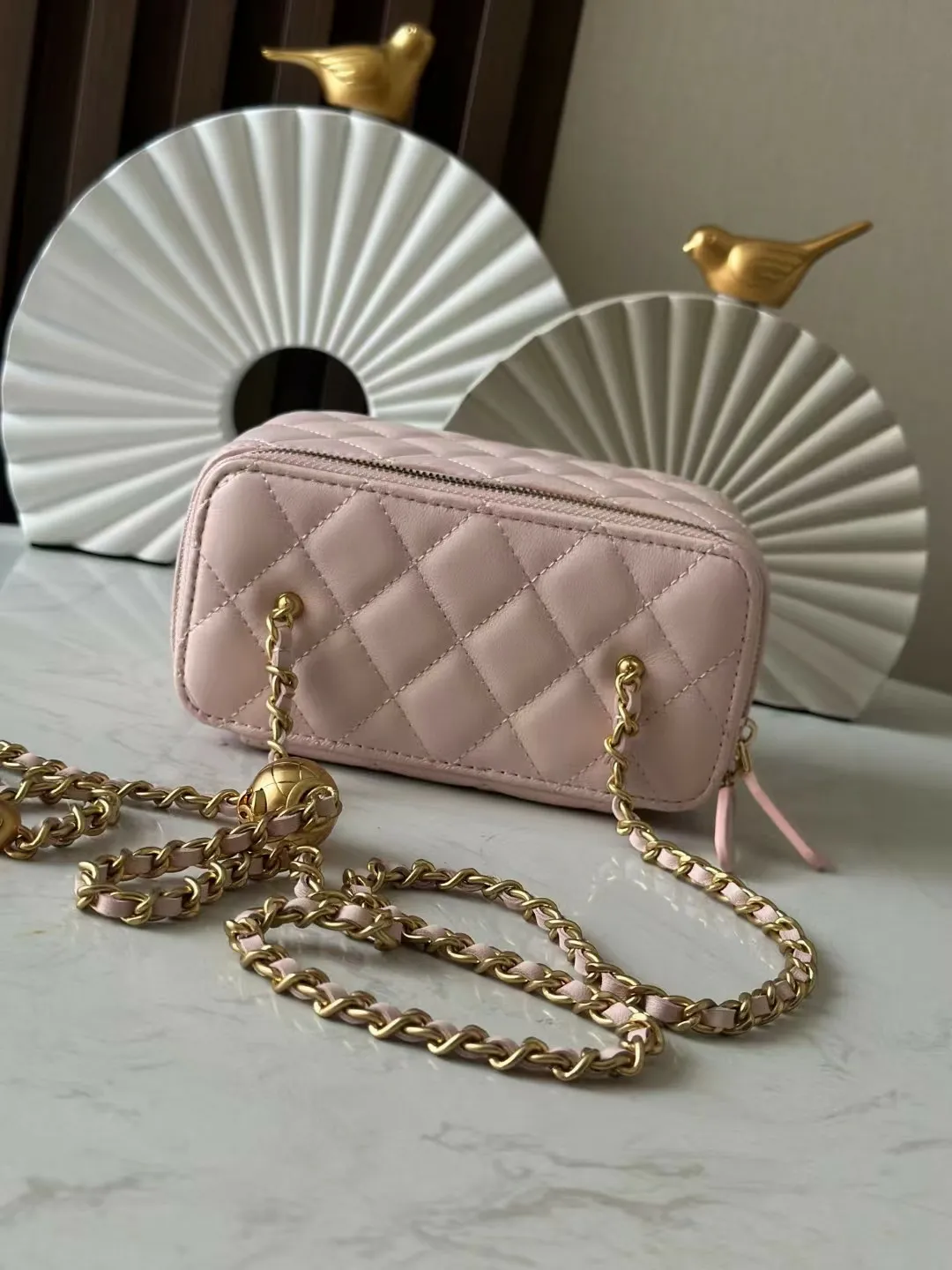 Borse a mano classiche in vera pelle con motivo a scatola per il trucco rosa di alta qualità, con finiture color oro e doppia cerniera, con catena a sfera._voghion.com